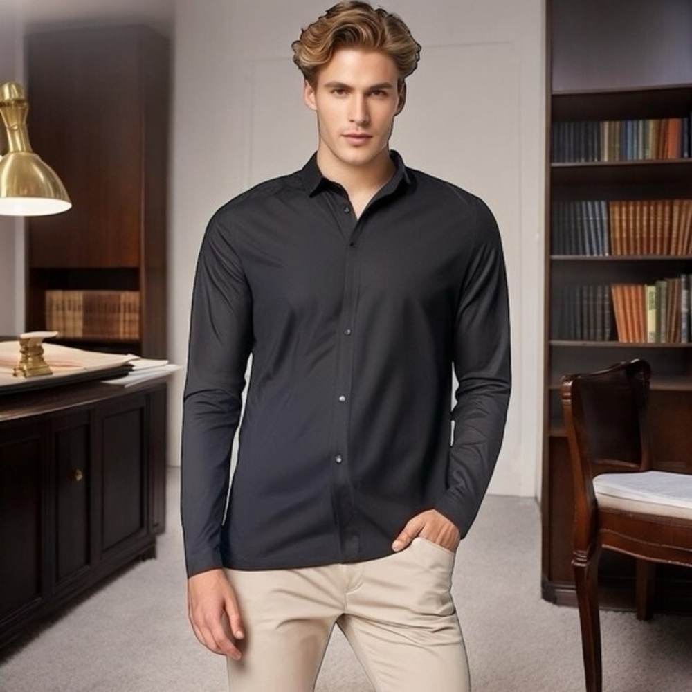 HUGO BOSS Black Cotton Slim Fit Button Front Long Sleeve Men's Dress Shirt Sz XL